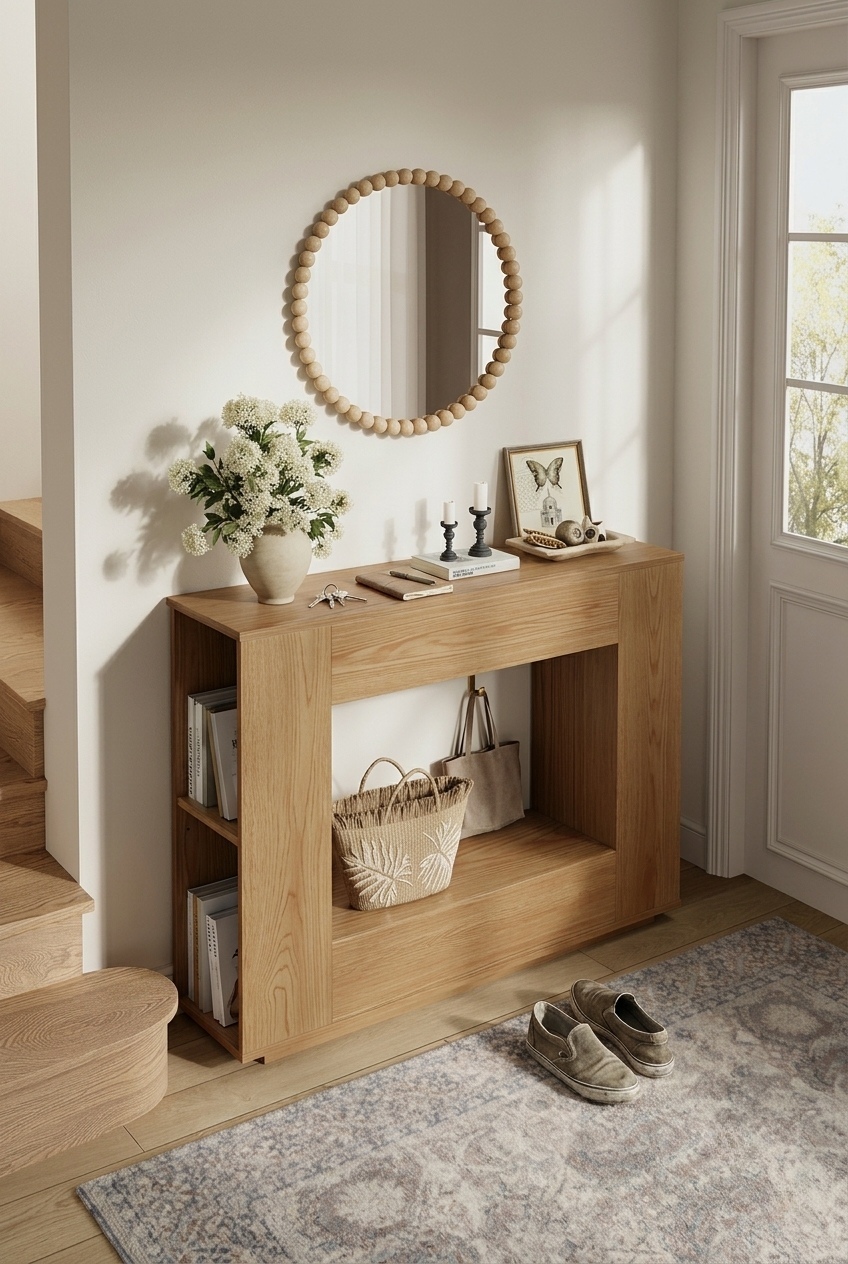 Curating an Effortless Foyer with Natural Wood and Architectural Balance
